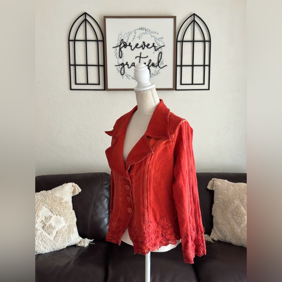 Gretty Zueger Jacket Cover Size Large Orange Button Front Embroidered Appliqué - Picture 10 of 11